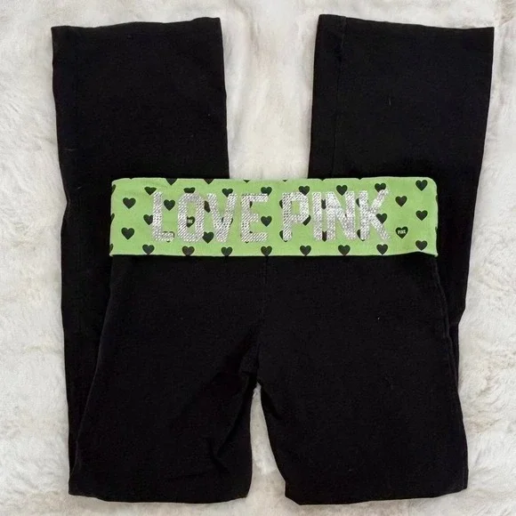 victoria's secret pink yoga fold over flare pants green hearts - Picture 4 of 8